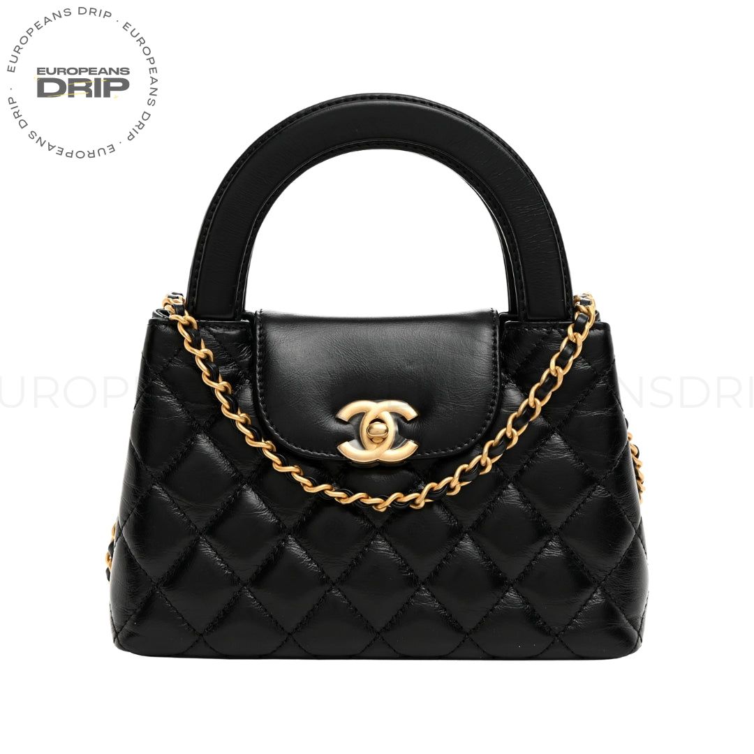 Shopper Nano Kelly Quilted Calfskin Glossy invecchiato Black 19 cm