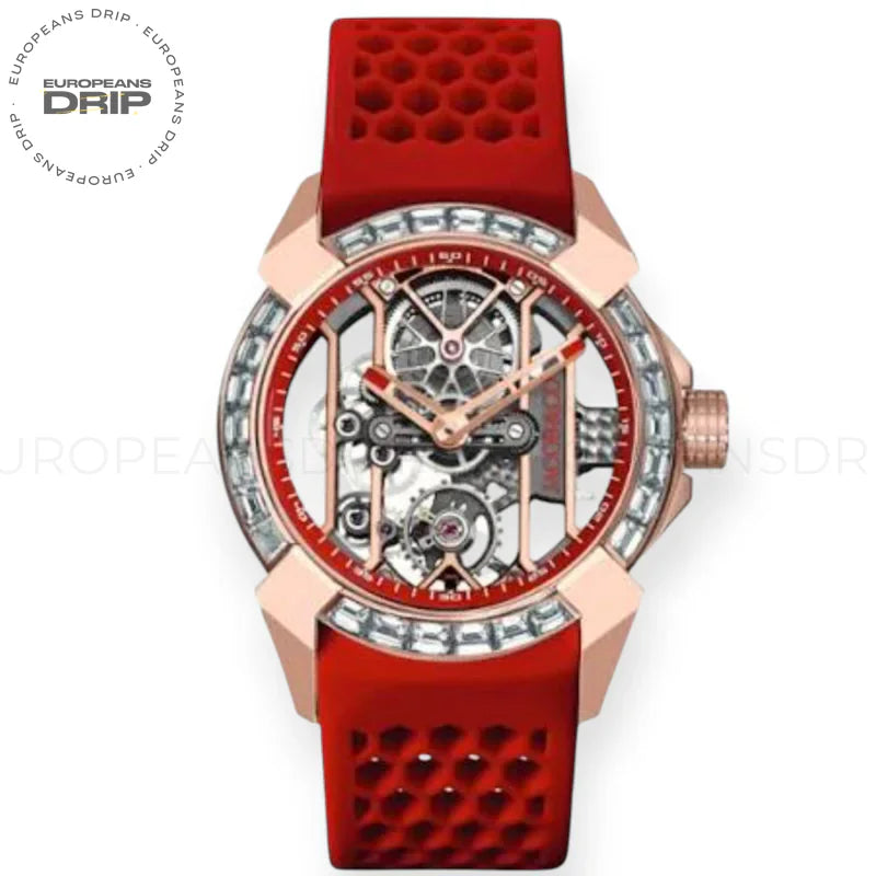 Epic X 44mm Rose Gold Skeleton Baguette White Diamond Bezel
