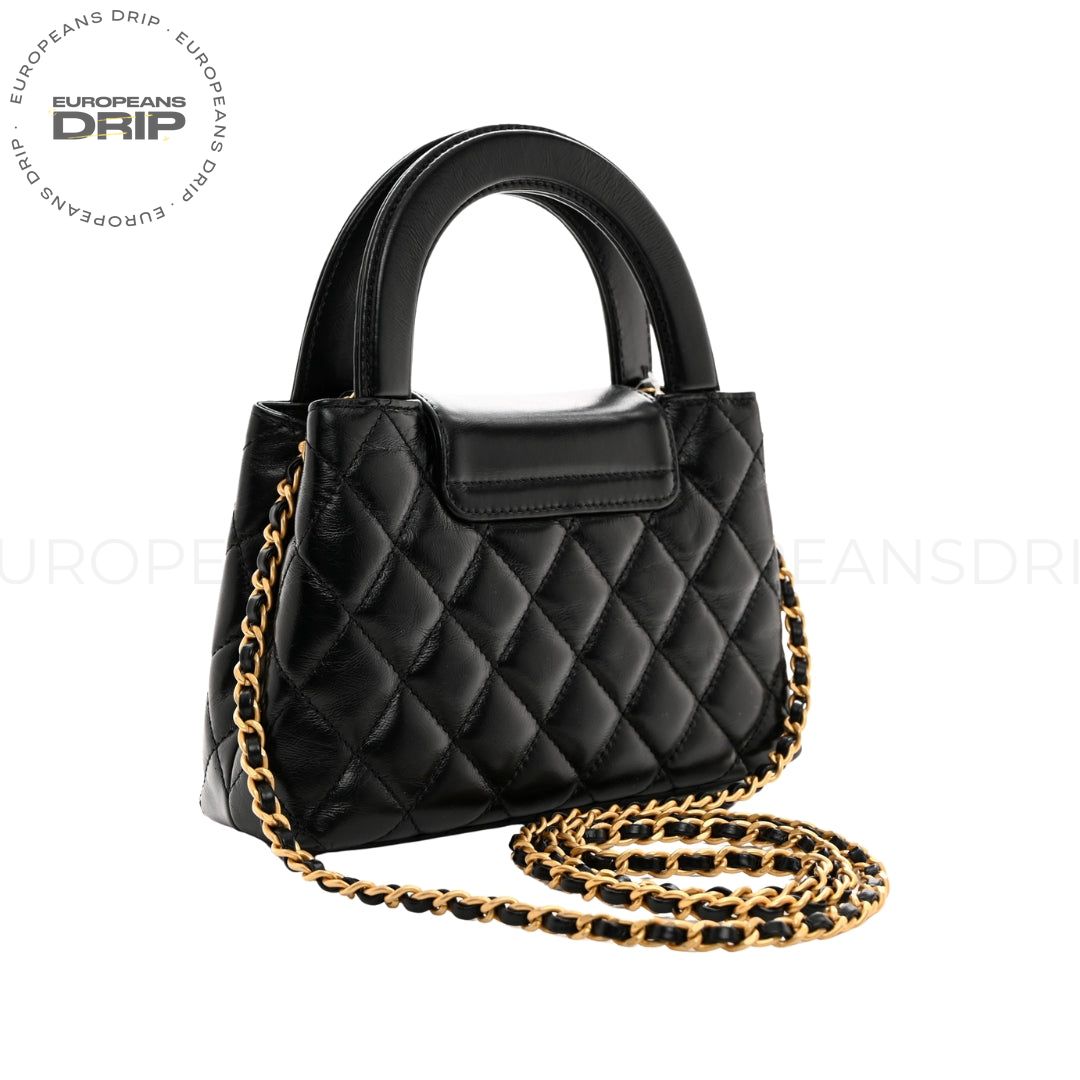 Shopper Nano Kelly Quilted Calfskin Glossy invecchiato Black 19 cm